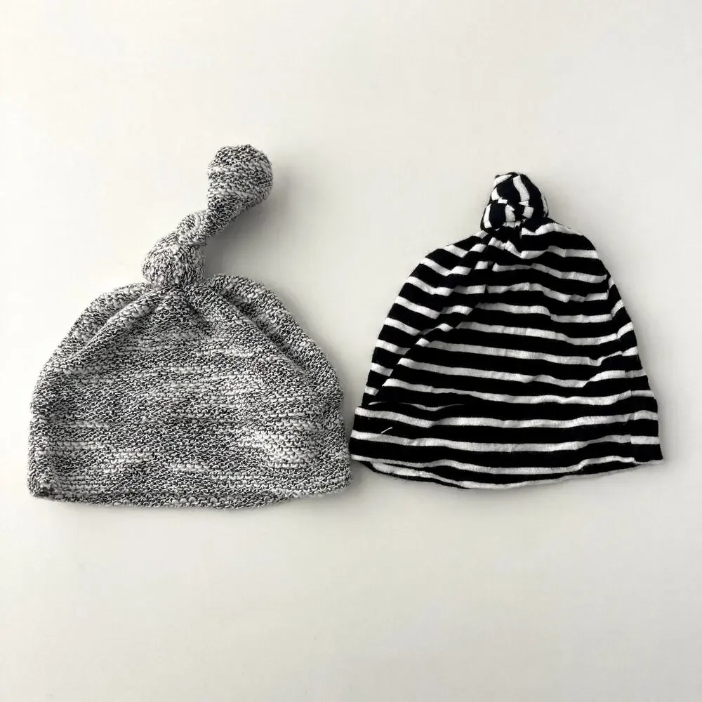 KB Cute Designs Top Knot Baby Hat Bundle - Neutrals Stripes, Marled Knit - 0-6M